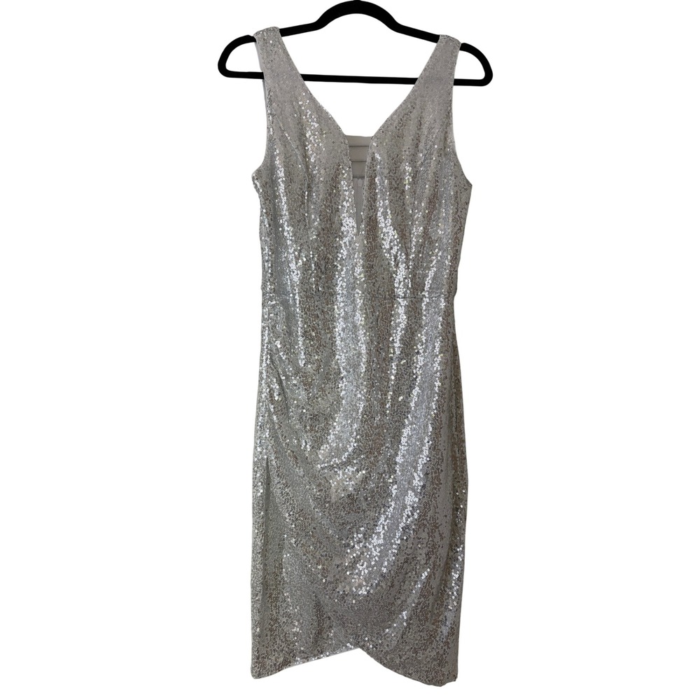 Grace Karin Silver Sequin Dress Sleeveless Womens M V-Neck Tulip Hem NWT